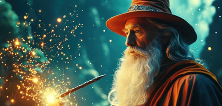 Portrait of old wizard with magic wand and smoke. Halloween concept.の素材