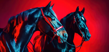 Portrait of a beautiful black stallion on a red background.の素材