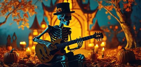 Halloween spooky background with skeleton playing guitar. 3D renderingの素材