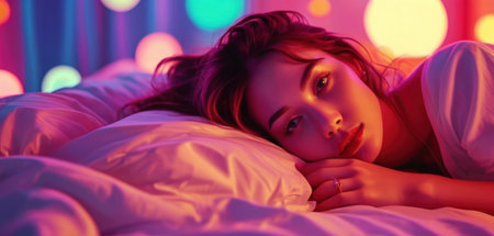 Portrait of a beautiful young woman in the bed at night.の素材