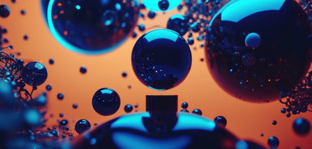Abstract 3d render illustration of blue glass spheres on orange background. Concept of science and technology.の素材