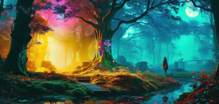 Fantasy forest in the night. 3D rendering. Computer digital drawing.の素材