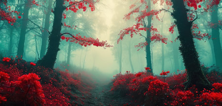 Mysterious dark forest with fog and red flowers. 3d renderの素材