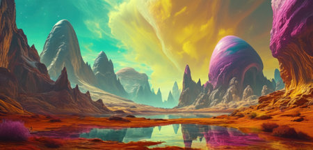 Fantasy alien planet. Mountain and lake. 3D Illustrationの素材
