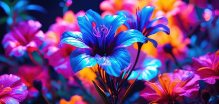 Beautiful flowers in neon light. Colorful background with flowers.の素材