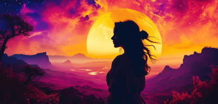 Silhouette of a woman on the background of a fantastic landscape.の素材