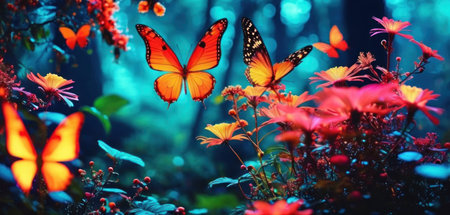 Butterfly and flowers in the garden. Beautiful nature scene.の素材