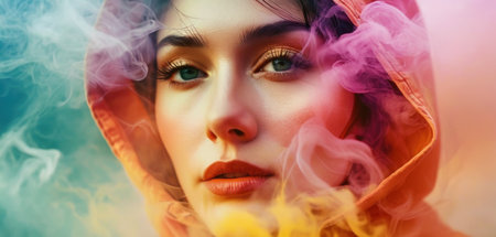 Close-up portrait of a beautiful young woman in a raincoat with colorful smoke.の素材
