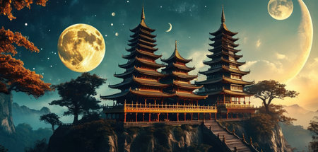 Pagoda at night with full moon, 3d render.の素材