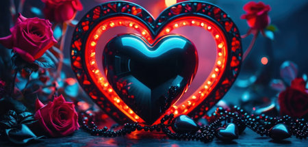 Valentines Day background with red heart, candles and roses.の素材