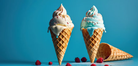 Ice cream in waffle cones with raspberries on blue backgroundの素材