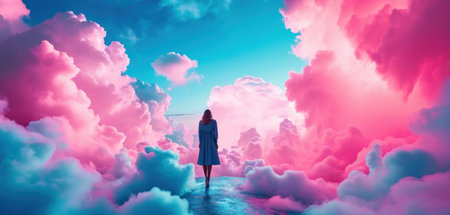 Conceptual image of a woman in a blue dress standing in the middle of a path surrounded by clouds.の素材