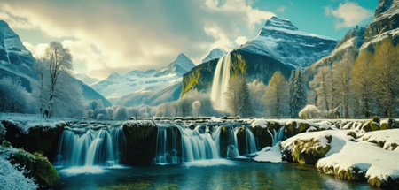 Fantastic winter landscape with waterfall and snow-capped mountainsの素材