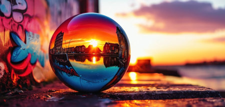 Reflection of the city in a crystal ball on the pier at sunset.の素材