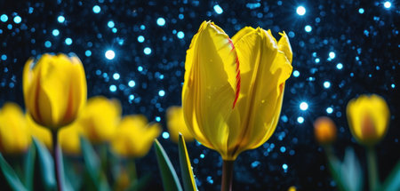Yellow tulips against the background of the night sky with stars.の素材