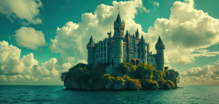 Magic castle on a small island in the sea. 3d renderの素材