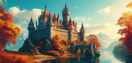 Fantasy landscape with castle and lake. Digital painting. 3d illustrationの素材