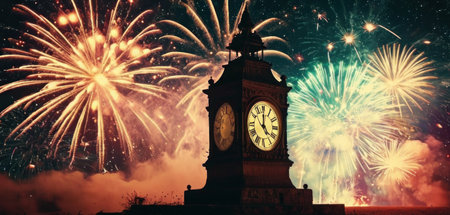 Big clock against fireworks exploding over night sky. New Year concept.の素材
