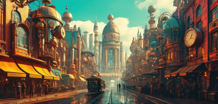 Digital painting of a train passing through the city of London, UKの素材