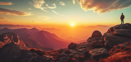 Man standing on top of a mountain and looking at the sunset.の素材