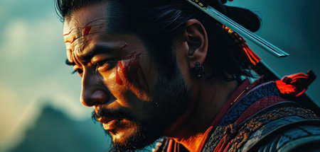 Close up portrait of an Indian warrior with blood on his face.の素材