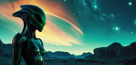 Cyborg woman in space. Science fiction. 3D rendering.の素材