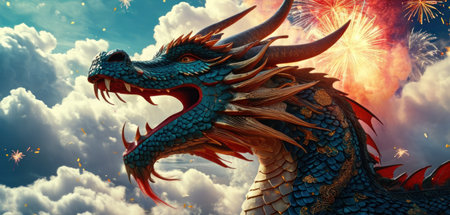 Dragon and fireworks in the sky. 3D illustration. Elements of this image furnished by NASAの素材