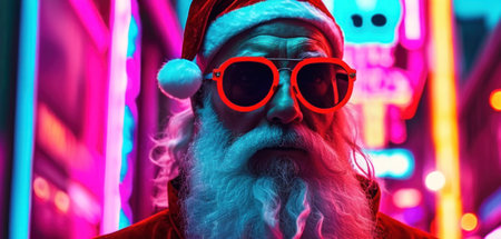 Close-up portrait of Santa Claus in red sunglasses and a red jacket.の素材