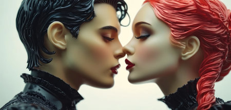 Two women in black and red dresses kissing on a white background.の素材