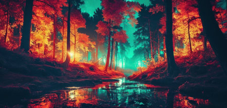 Fantasy forest with river in the night. 3D Renderingの素材