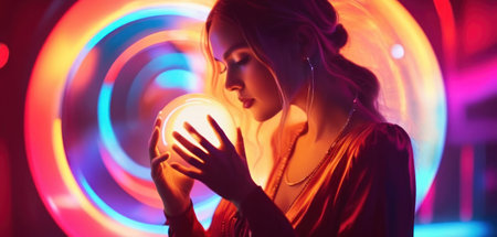 Portrait of a beautiful young woman in a nightclub. Disco club.の素材