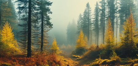 Panoramic view of the autumn forest in the morning fog.の素材