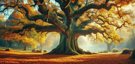 Old oak tree in the autumn forest. 3d render illustration.の素材