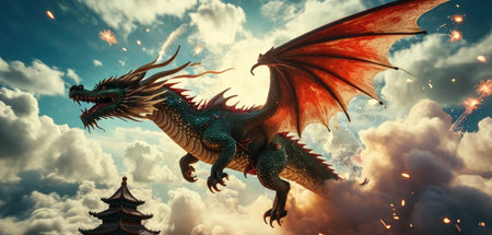 Dragon flying in the sky with firework. 3d illustration.の素材
