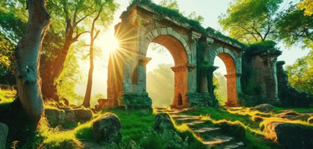Ruins of ancient city in the forest. 3d rendering.の素材