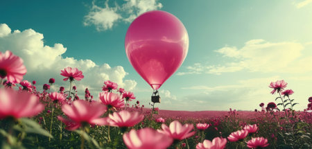 Pink hot air balloon over pink cosmos flower field. 3D Renderingの素材