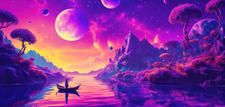 Fantasy landscape with fantasy island, boat and moon - illustration for childrenの素材