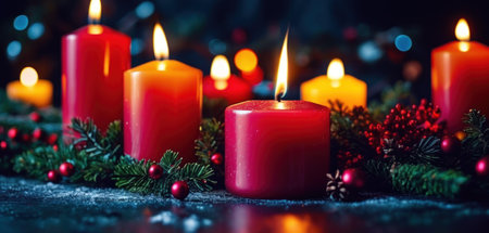 Christmas decoration with burning candles and fir tree branches on dark background.の素材