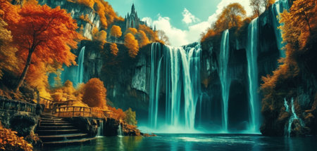 Beautiful autumn waterfall in the forest. 3d rendering. Computer digital drawing.の素材