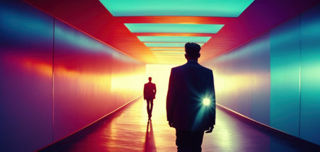 Businessman in a futuristic corridor with neon lights. 3D Renderingの素材