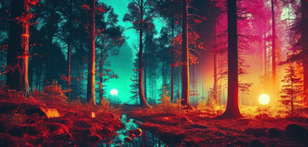 Mysterious forest at sunset. Fantasy forest. 3D renderingの素材