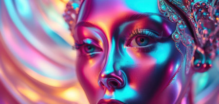 Buddha face close-up. 3D rendering. Neon color.の素材