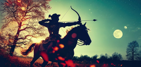 Silhouette of a girl on a horse with a bow and arrowの素材