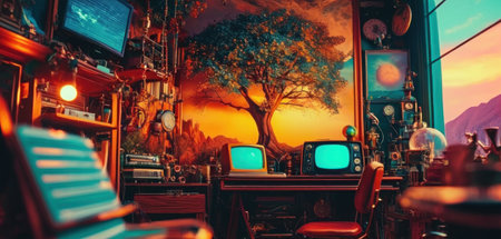 Vintage TV room with a tree on the background. 3d renderingの素材