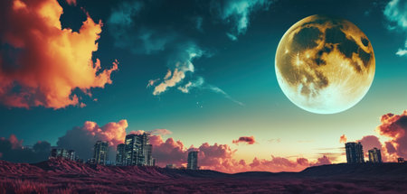 3d render of a fantasy landscape with a big moon in the skyの素材