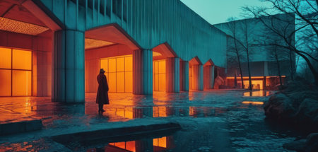 Silhouette of a woman standing in front of a modern buildingの素材