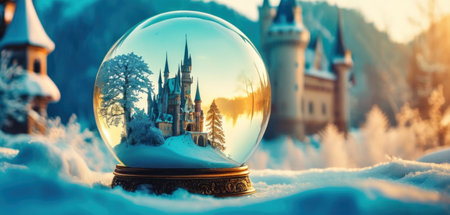 Crystal ball with fairy tale castle in the snow. Fairytale winter landscape.の素材