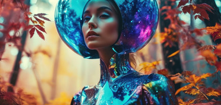 Fantasy portrait of a beautiful girl in a blue raincoat.の素材