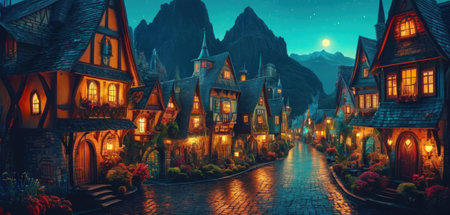 3D rendering of a fantasy fairy tale town at night with moonlightの素材