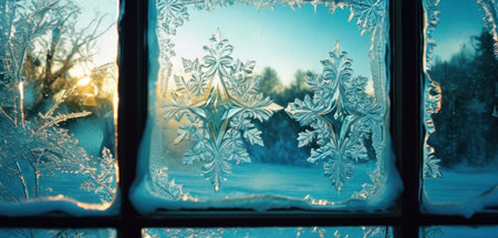 Frosty natural pattern on the window. Winter landscape. Russiaの素材
